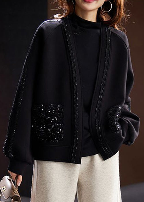 Loose Black V Neck Sequins Pockets Cotton Cardigan Spring