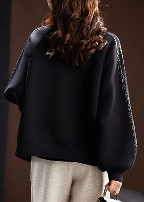 Loose Black V Neck Sequins Pockets Cotton Cardigan Spring