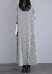 Loose Black White Plaid Peter Pan Collar Patchwork Cotton Long Dress Fall