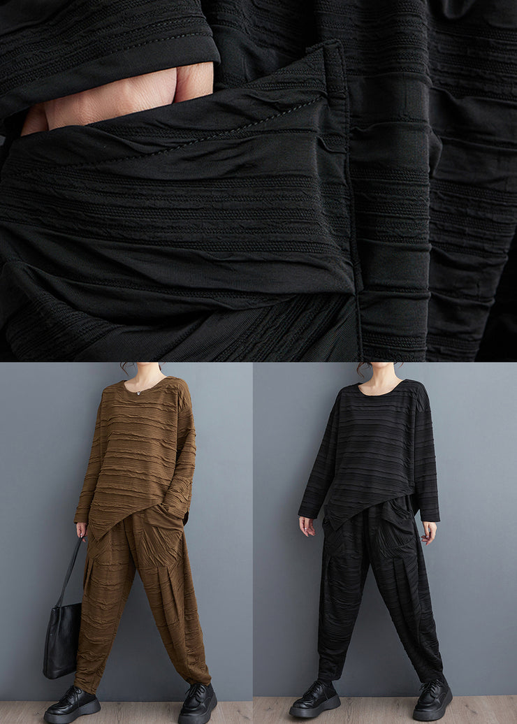 Loose Black Wrinkled Patchwork Tops And Harem Pants Cotton Two Pieces Set Fall
