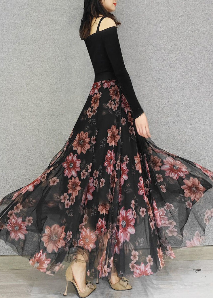 Loose Black Wrinkled Print Exra Large Hem Tulle Skirt Spring