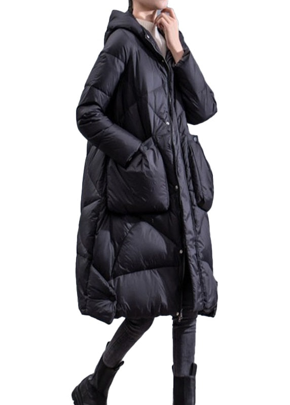 Loose Black Zippered Pockets Duck Down Puffers Outwear Winter