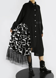 Loose Black button asymmetrical design Peter Pan Collar Patchwork shirt Dresses Spring