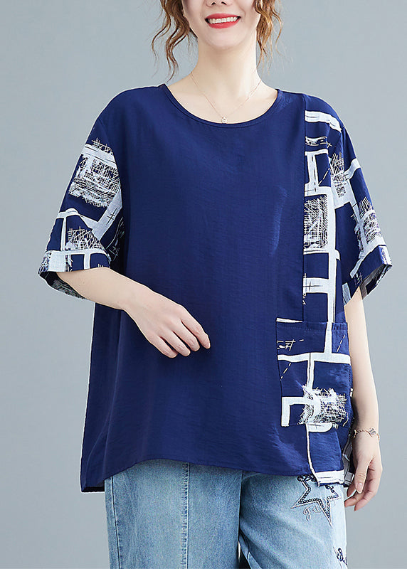 Loose Blue Asymmetrical Design Print Cotton Tanks Short Sleeve