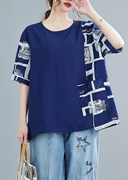 Loose Blue Asymmetrical Design Print Cotton Tanks Short Sleeve