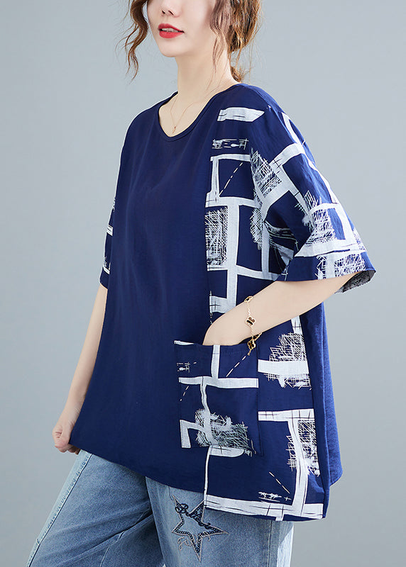 Loose Blue Asymmetrical Design Print Cotton Tanks Short Sleeve