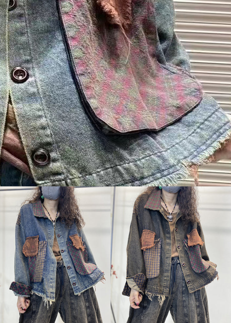 Loose Blue Button Pockets Patchwork Denim Coats Fall