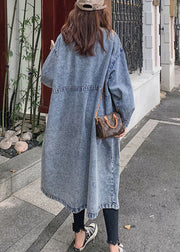 Loose Blue Button Pockets Patchwork Denim Long Trench Coats Fall