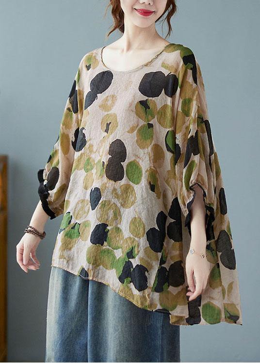 Loose Blue Dotted Batwing Sleeve Cotton Linen Tee - bagstylebliss