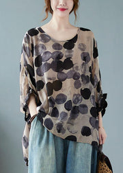 Loose Blue Dotted Batwing Sleeve Cotton Linen Tee - bagstylebliss