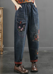 Loose Blue Embroidered Pockets Elastic Waist Jeans Fall