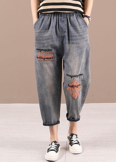 Loose Blue Grey Patchwork Embroideried Pants denim - bagstylebliss