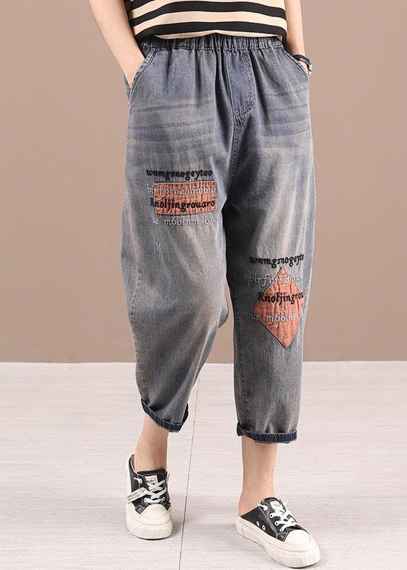 Loose Blue Grey Patchwork Embroideried Pants denim - bagstylebliss