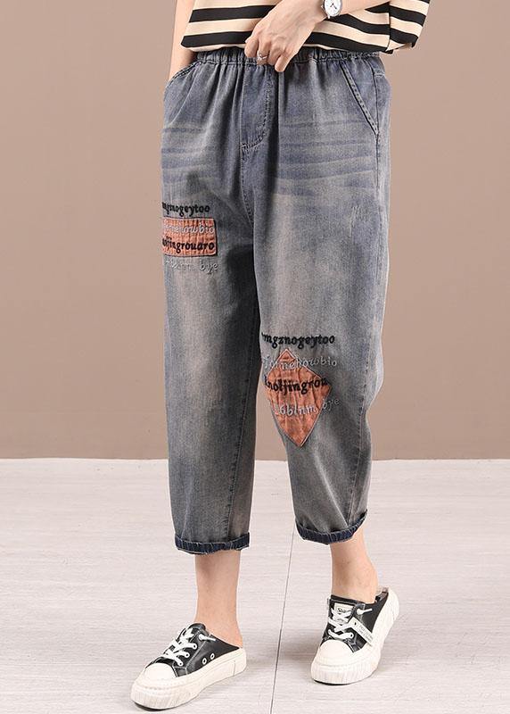 Loose Blue Grey Patchwork Embroideried Pants denim - bagstylebliss