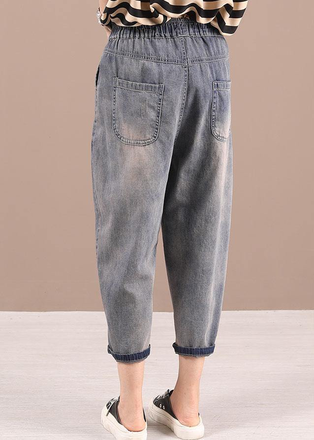 Loose Blue Grey Patchwork Embroideried Pants denim - bagstylebliss