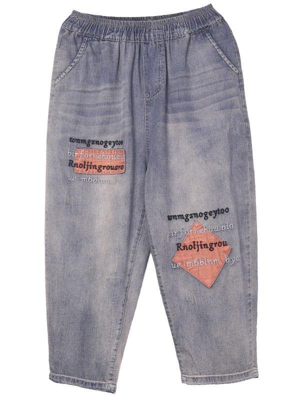 Loose Blue Grey Patchwork Embroideried Pants denim - bagstylebliss