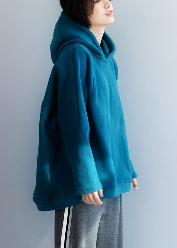 Loose Blue Hooded Warm Fleece Loose Sweatshirt Spring