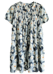 Loose Blue O-Neck Button Print Summer Cotton Dresses Short Sleeve - bagstylebliss