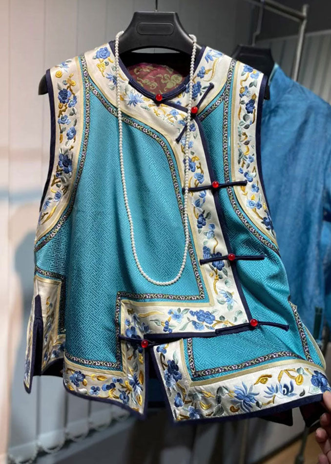 Loose Blue O-Neck Embroidered Floral Patchwork Silk Waistcoat Fall