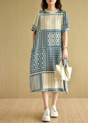 Loose Blue O-Neck Print Summer Cotton Short Sleeve Dress - bagstylebliss