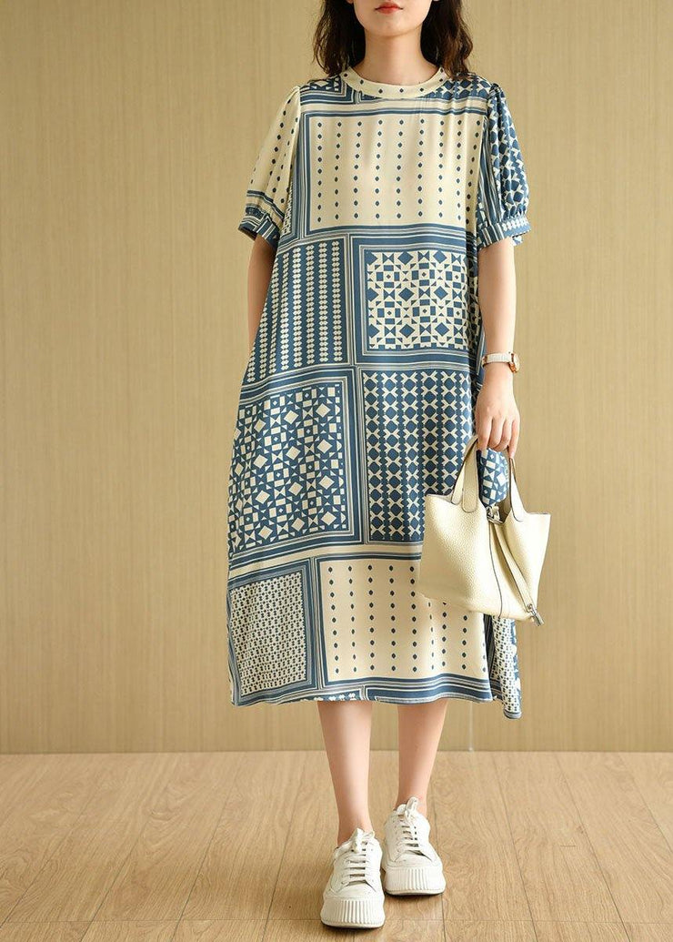 Loose Blue O-Neck Print Summer Cotton Short Sleeve Dress - bagstylebliss