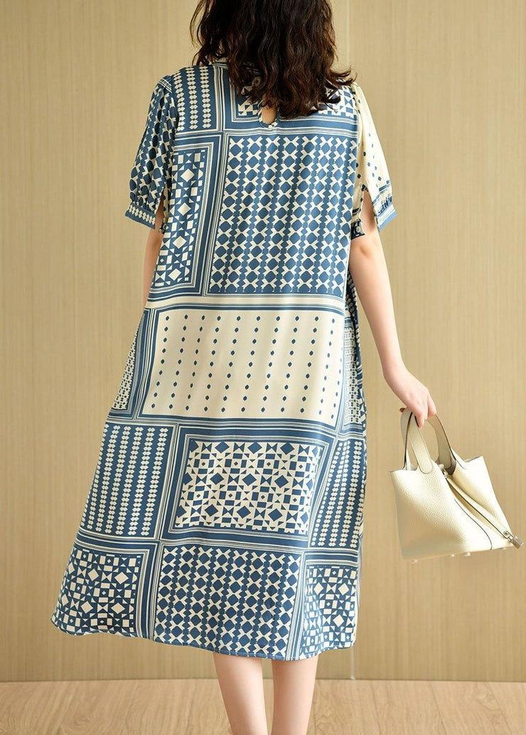 Loose Blue O-Neck Print Summer Cotton Short Sleeve Dress - bagstylebliss