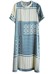 Loose Blue O-Neck Print Summer Cotton Short Sleeve Dress - bagstylebliss