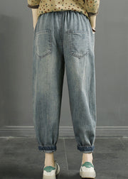 Loose Blue Pockets Elastic Waist Denim Crop Pants Fall