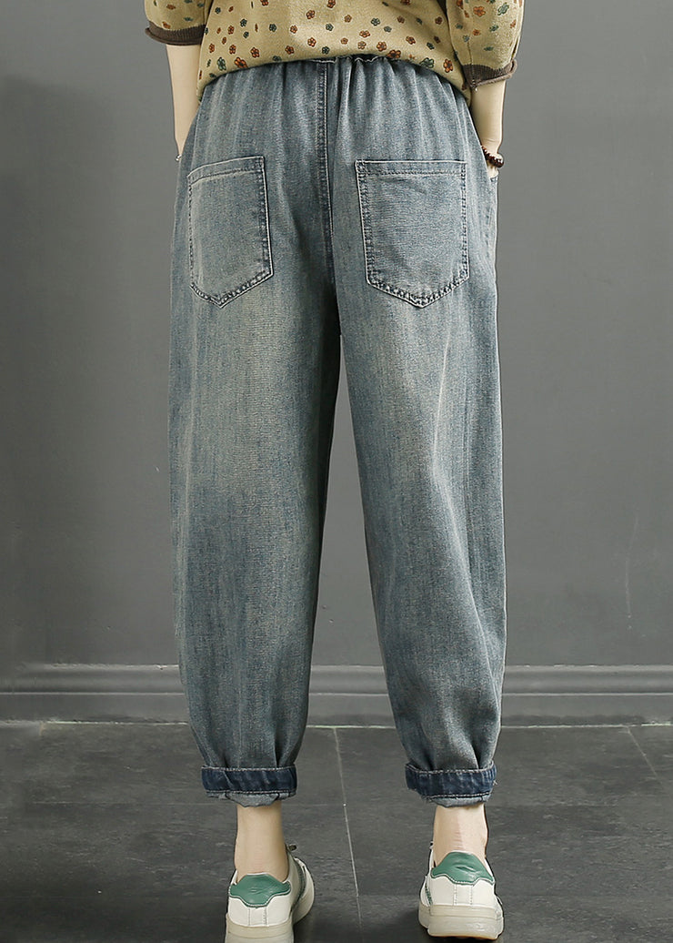 Loose Blue Pockets Elastic Waist Denim Crop Pants Fall