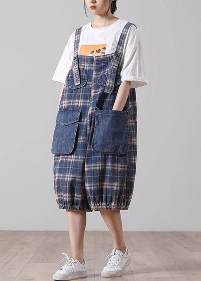 Loose Blue Pockets Plaid Cotton Jeans Jumpsuit Shorts - bagstylebliss