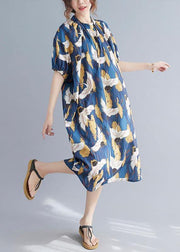 Loose Blue Print Cotton O-Neck Loose Summer Mid Dress - bagstylebliss