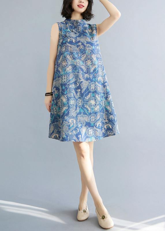 Loose Blue Print Oriental Summer Cotton Dress - bagstylebliss