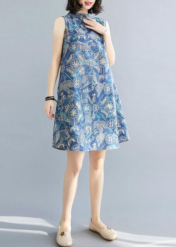 Loose Blue Print Oriental Summer Cotton Dress - bagstylebliss