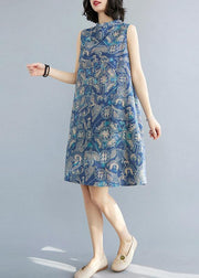 Loose Blue Print Oriental Summer Cotton Dress - bagstylebliss