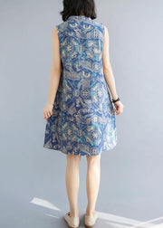 Loose Blue Print Oriental Summer Cotton Dress - bagstylebliss