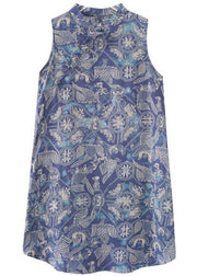 Loose Blue Print Oriental Summer Cotton Dress - bagstylebliss