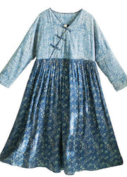 Loose Blue Print Robes V-Neck Patchwork Spring Dresses - bagstylebliss