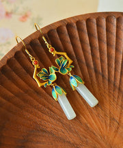 Loose Blue Sterling Silver Inlaid Jade Gem Stone Enamel Orchid Drop Earrings