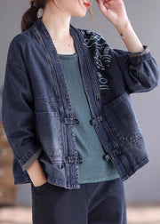 Loose Blue V Neck Embroidered Button Denim Coat Long Sleeve