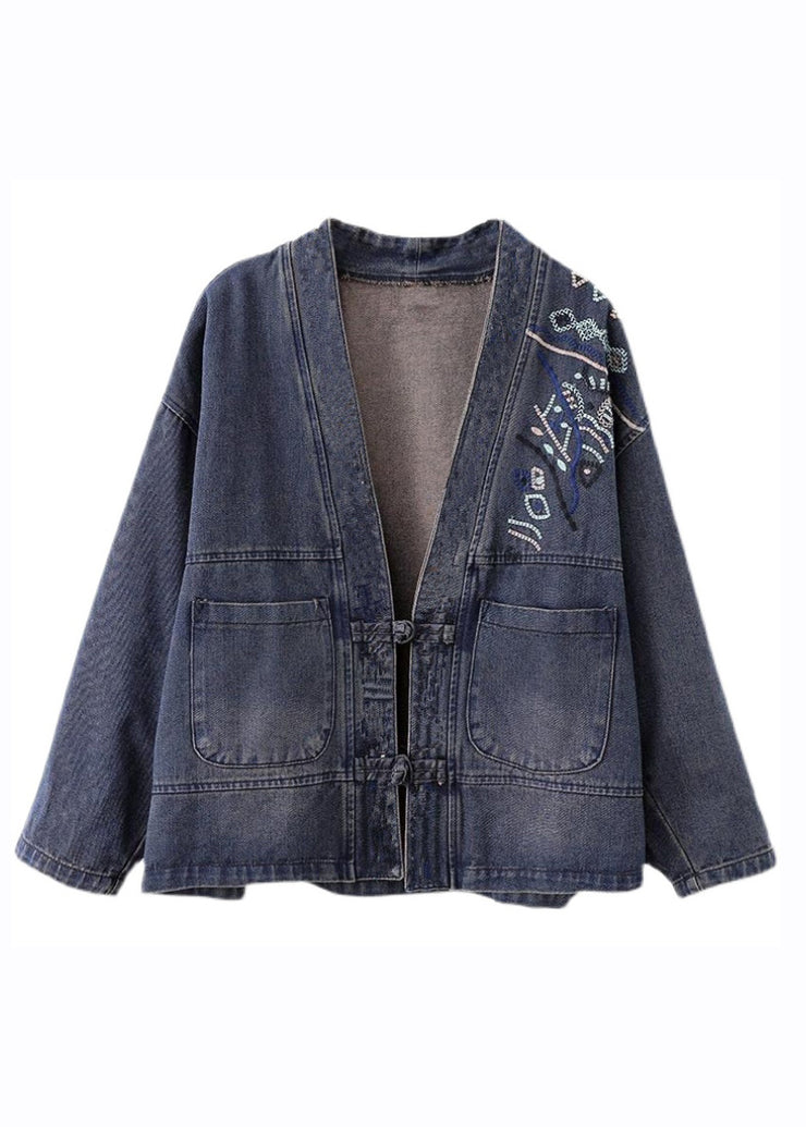 Loose Blue V Neck Embroidered Button Denim Coat Long Sleeve