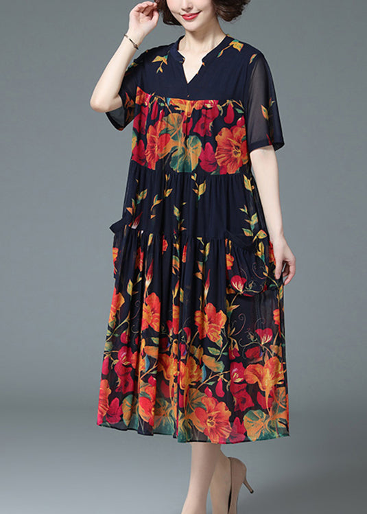 Loose Blue V Neck Wrinkled Floral Print Pockets Chiffon Long Dress Short Sleeve