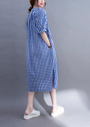 Loose Blue V Neck side open Plaid Cotton Dress Short Sleeve