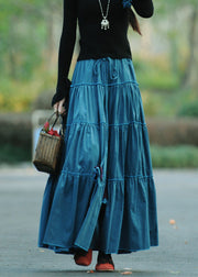 Loose Blue Wrinkled Patchwork Lace Up Corduroy Skirts Spring