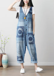 Loose Blue Hole V-Ausschnitt Print Cotton Denim Jumpsuits Spring