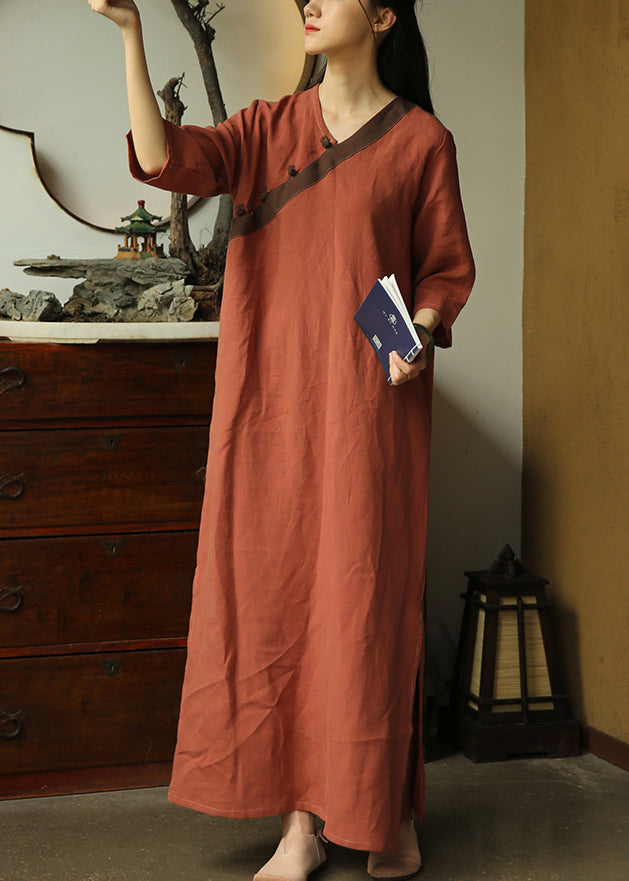 Loose Brick Red Button Side Open Patchwork Linen Dress Half Sleeve