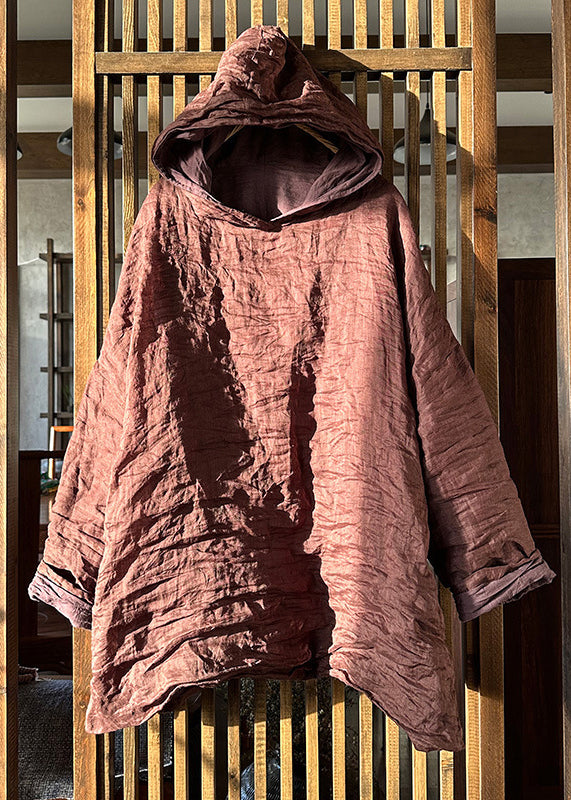 Loose Brick Red Hooded Wrinkled Linen Tops Spring