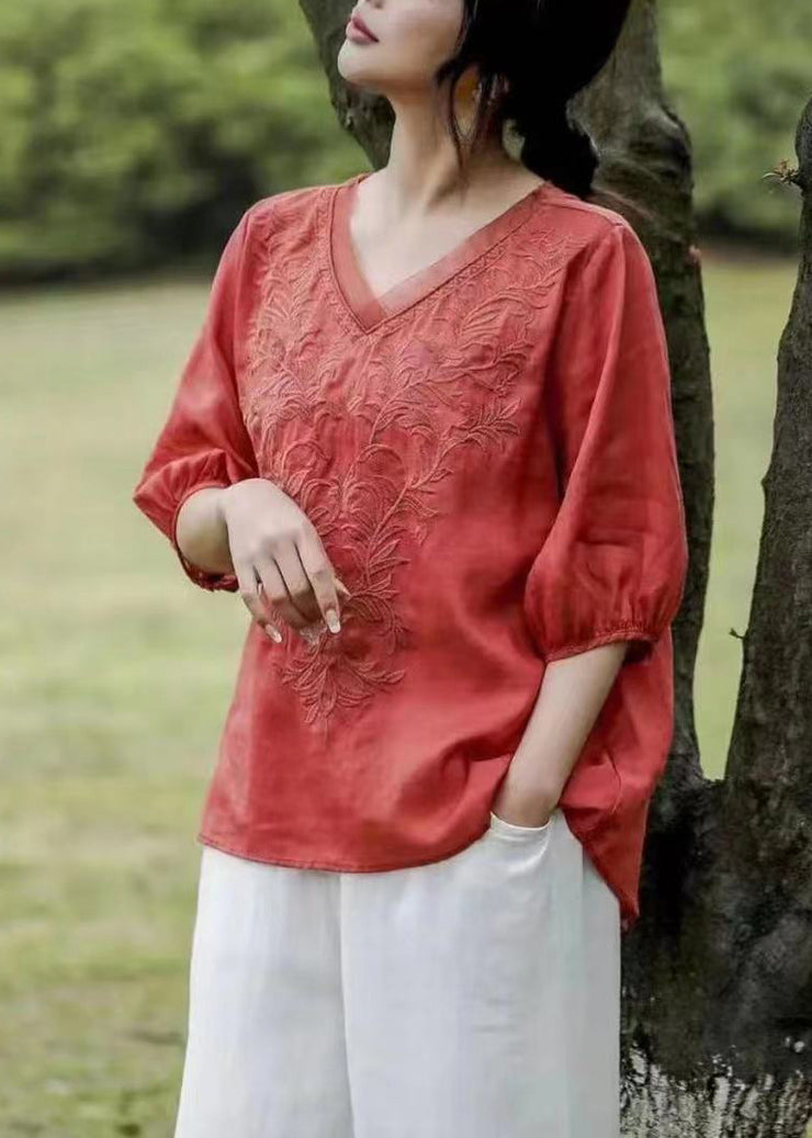 Loose Brick Red V Neck Embroidered Patchwork Linen T Shirt Half Sleeve