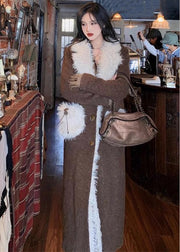 Loose Brown Fur Collar Pockets Patchwork Woolen Long Coats Winter