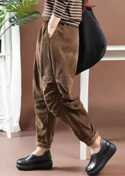 Loose Brown Pockets Wrinkled Elastic Waist Corduroy Pants Spring