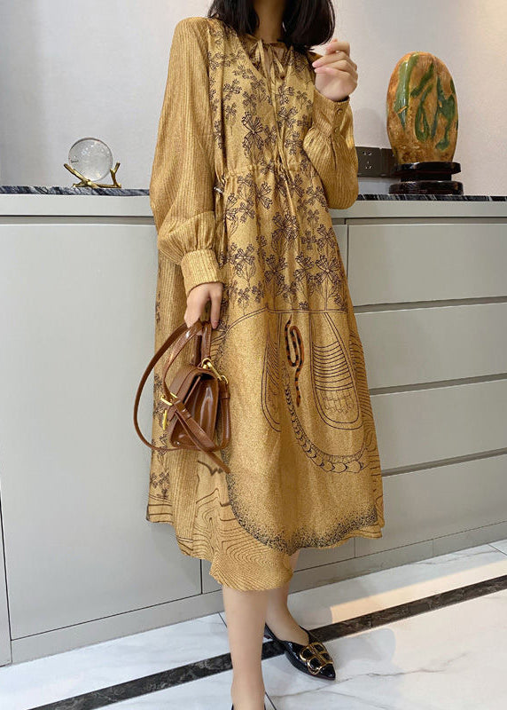 Loose Champagne Color Print Pockets Patchwork Silk Dress Long Sleeve